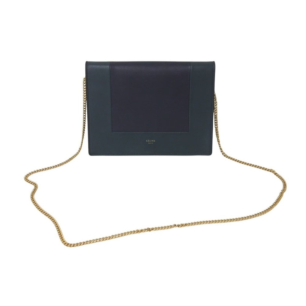 CELINE Frame Evening Chain Shoulder Bag Navy Blue Green Leather